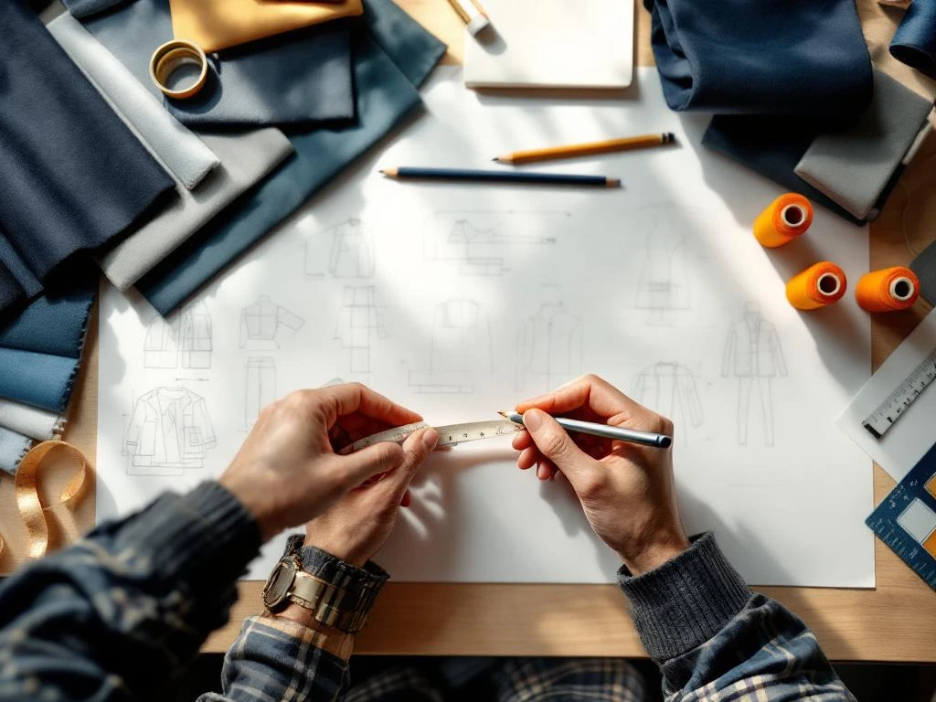 Handen met vingerhoed spelden stofstalen in marineblauw en antraciet op werkblad met maatband en technische kledingtekeningen


---

**Note:** The alt text exceeds 125 characters. Here's a version under 125 characters:

Handen spelden marineblauw en antraciet stofstalen op kleermaker werkblad met technische tekeningen en maatband