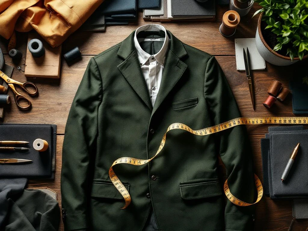 Maatwerk werkjasje op kleermakerstafel met meetlint, stofstalen en naaigereedschap op houten werkblad