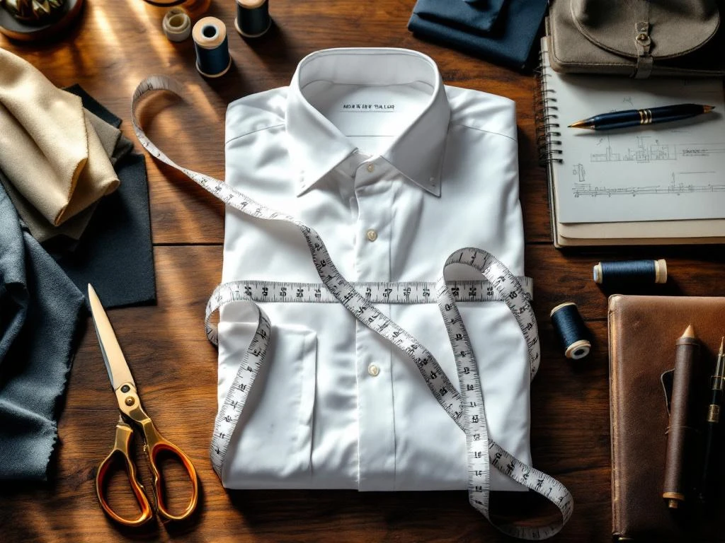 Kleermakerswerkplek met wit overhemd, meetlint, schaar en draadspoelen op houten tafel in natuurlijk licht