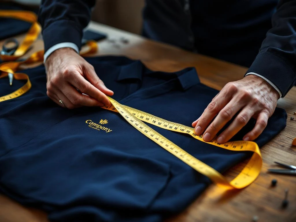 Professionele handen meten marine werkjas met meetlint op houten werkbank, kleermakergereedschap en logo zichtbaar