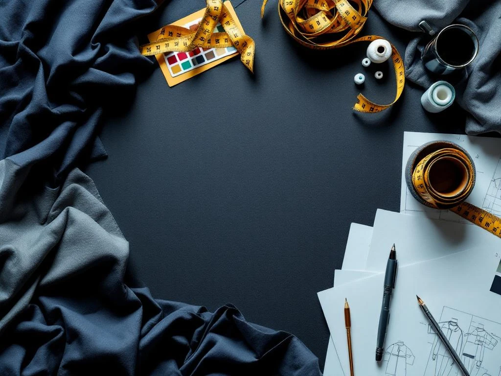 Maatwerk werkkleding materialen op kleermakerstafel: stoffen, meetlint, Pantone kaarten en naaigereedschap in cirkel gerangschikt
