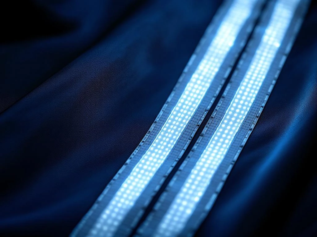 Reflecterende stroken op marineblauwe werkkleding die licht weerkaatsen, close-up van veiligheidsjasje met zilverkleurige tape.