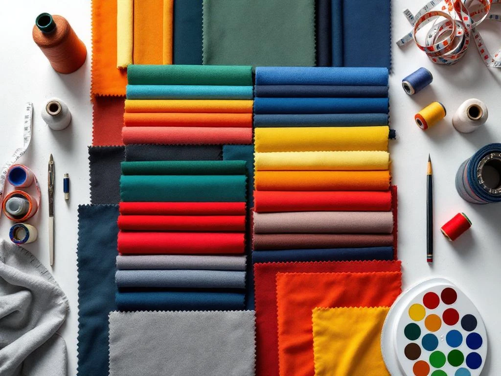 Diverse stoffen stalen in merkkleurenassortiment met meetgereedschap op witte ondergrond voor bedrijfskleding