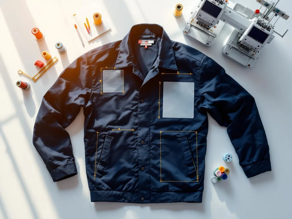 Marineblauw werkjasje met borduurapparatuur en logoplaatsingssjablonen voor bedrijfskleding branding