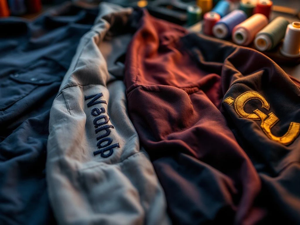 Aangepaste werkkleding met geborduurd logo, warmtegedrukte letters en zeefdruk, met naaigereedschap op achtergrond