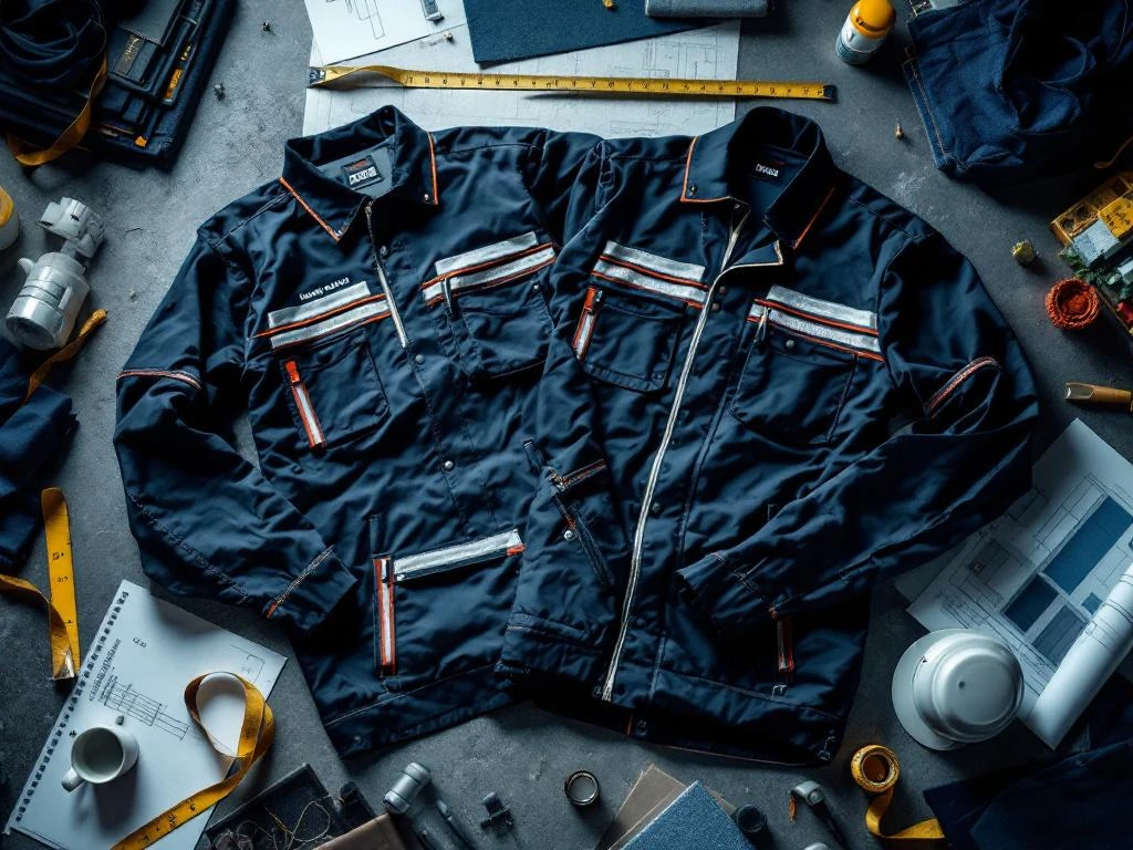 Werkkleding plat gelegd met versterkte zakken, reflecterende strips en maatlinten op industriële werkplek