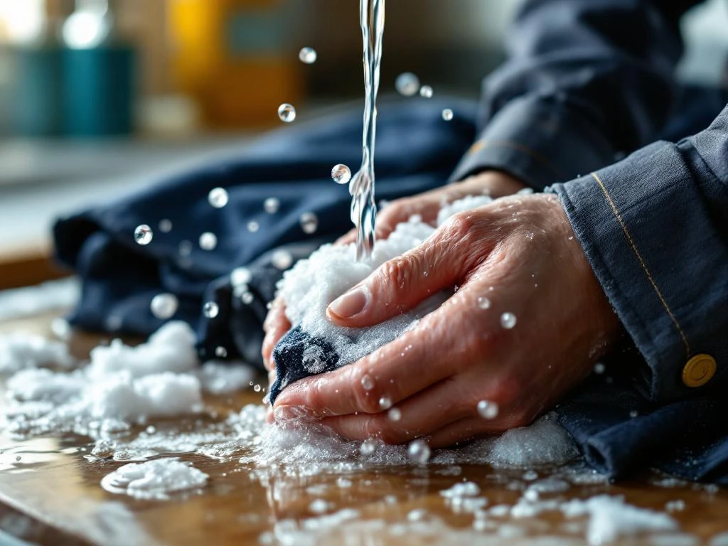 Professionele werkkleding wordt met de hand gewassen in helder water met zeepbellen en zichtbare textuurdetails