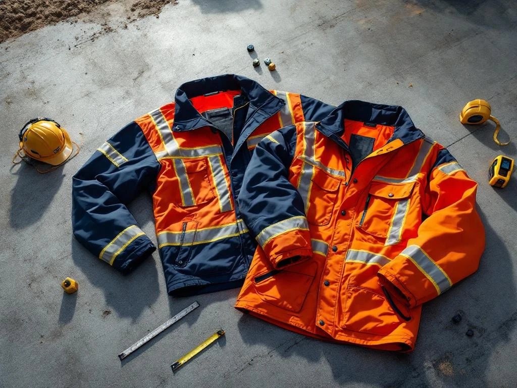 Hoogzichtbaar oranje en marineblauw werkkleding met gereedschap op betonnen ondergrond op bouwplaats