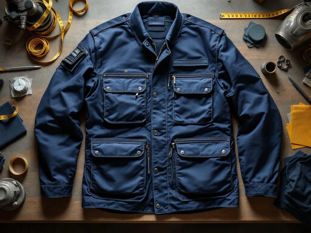 Marineblauw werkjasje met meerdere functionele zakken en opbergvakken, plat uitgespreid van bovenaf gefotografeerd