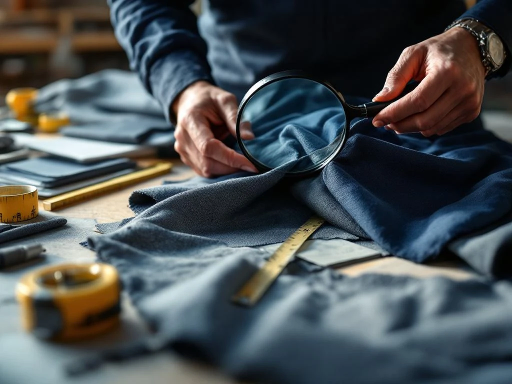 Handen inspecteren bedrijfskleding stof met vergrootglas, kwaliteitscontrole gereedschap op houten tafel
