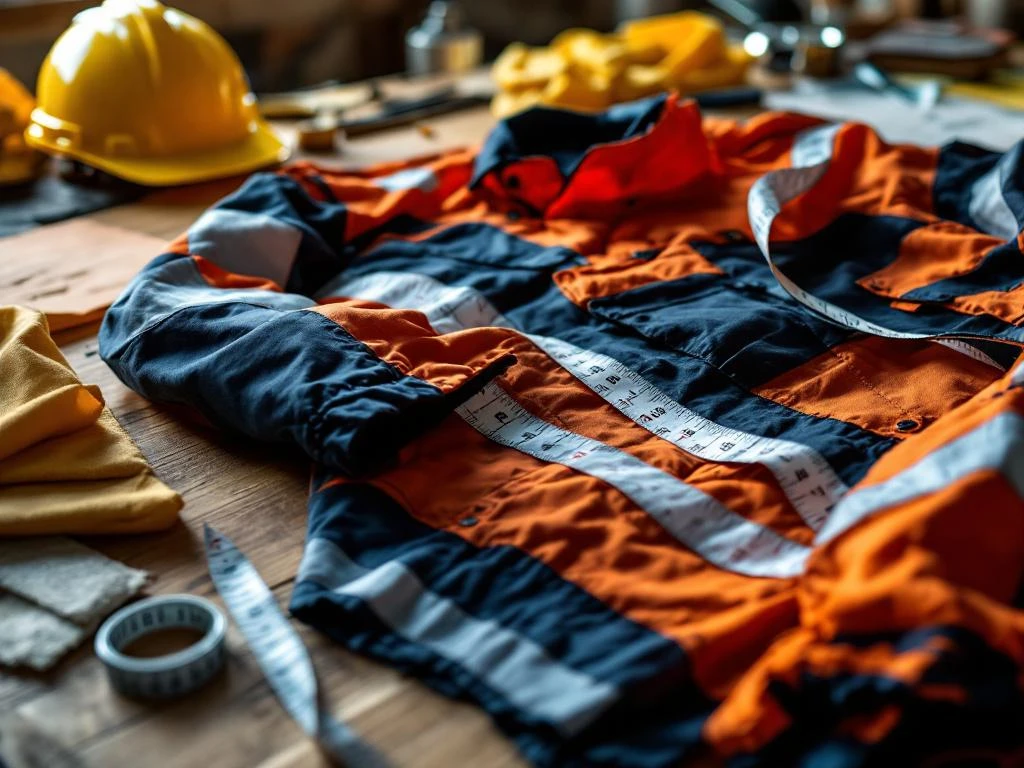 Veiligheidswerkkleding met reflecterende strips wordt opgemeten op kleermakerstafe met meetlint en gereedschap