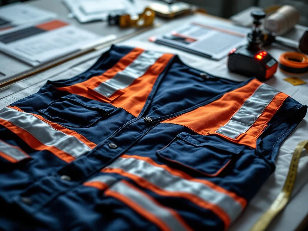 Hoog-zichtbaar veiligheidsvest met reflecterende strips op kleermakerswerkplek met meetlint en certificeringslabels