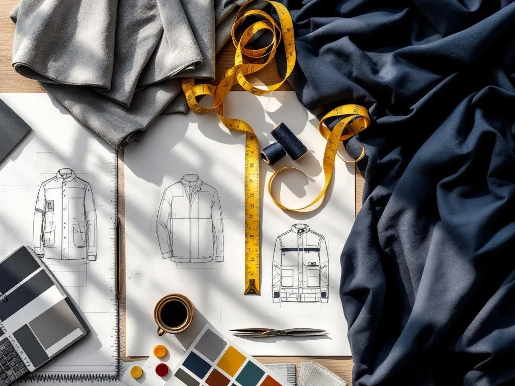 Designerwerkplek met stoffen, meetlint, schaar en schetsen voor maatwerk bedrijfskleding in navy en grijs tinten