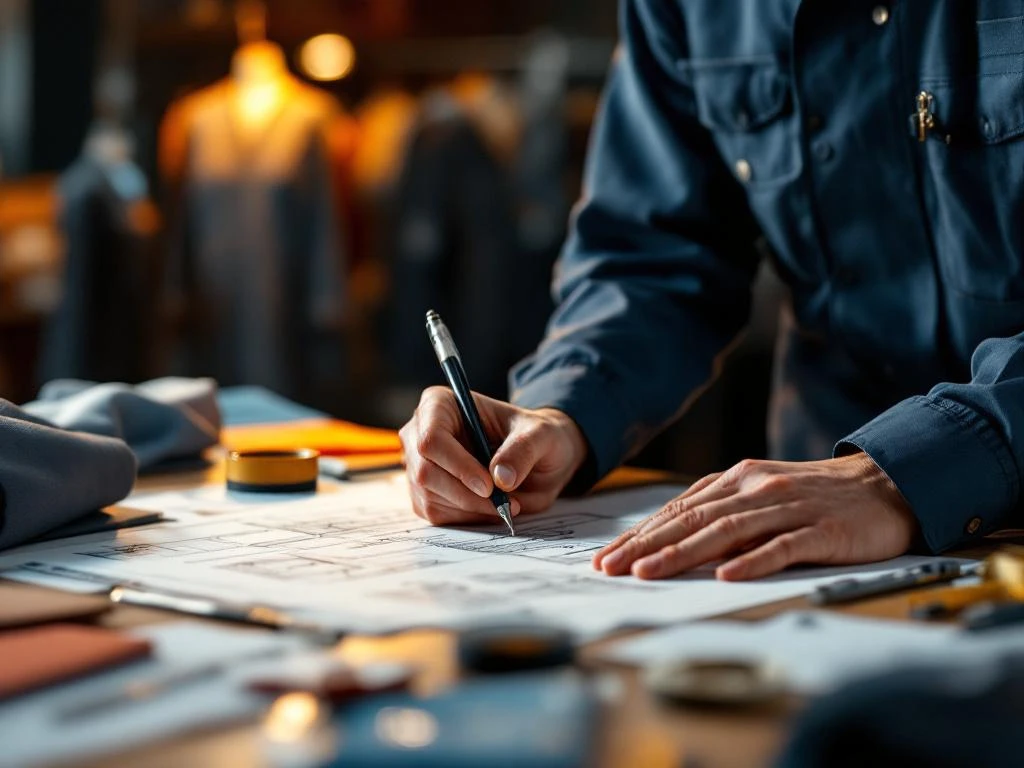 Handen schetsen werkkleding ontwerpen op tekentafel met stoffen stalen en kleermakerij gereedschap