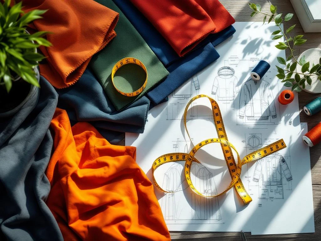 Ontwerperswerkplek met kleurrijke stoflappen, meetlint, ontwerpschetsen en garenklosjes voor bedrijfskleding op maat