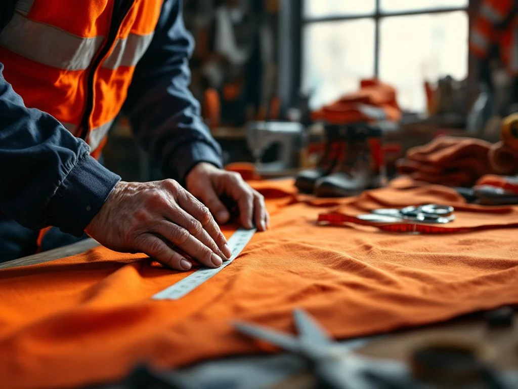 Verweerde handen meten oranje werkkleding op kleermakerstafel met meetlint, schaar en naaimachine zichtbaar