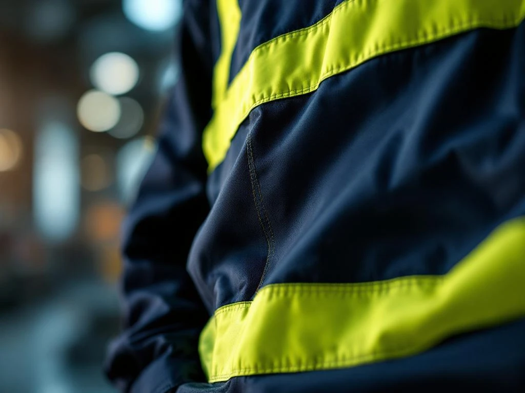 Marineblauw werkpak met fluorescerende gele reflecterende veiligheidsstrepen en versterkte naden in close-up