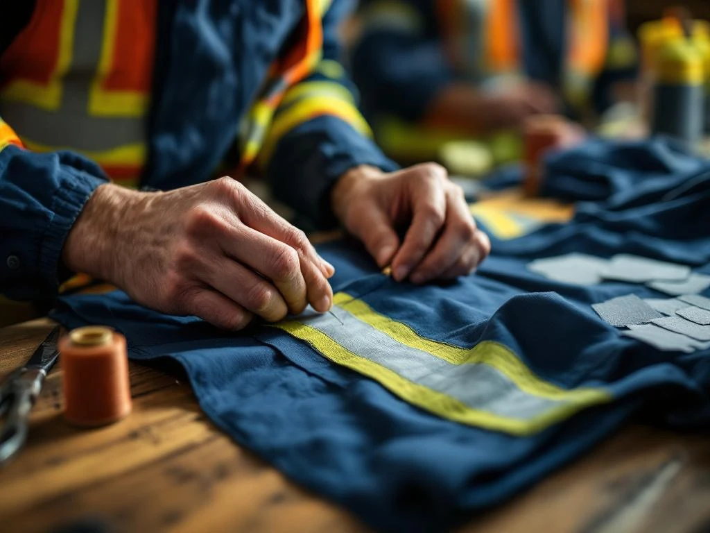 Handen repareren werkkleding met reflectiestrips, naald en draad op werkbank met naaigerei