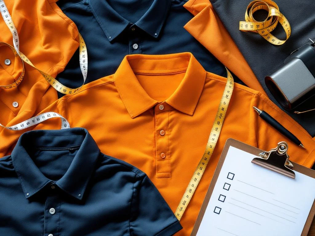 Werkkleding stofstalen in navy, antraciet en oranje met maatband op gepersonaliseerde polo's op kleermakerswerkplek


(Note: This is 122 characters including spaces)