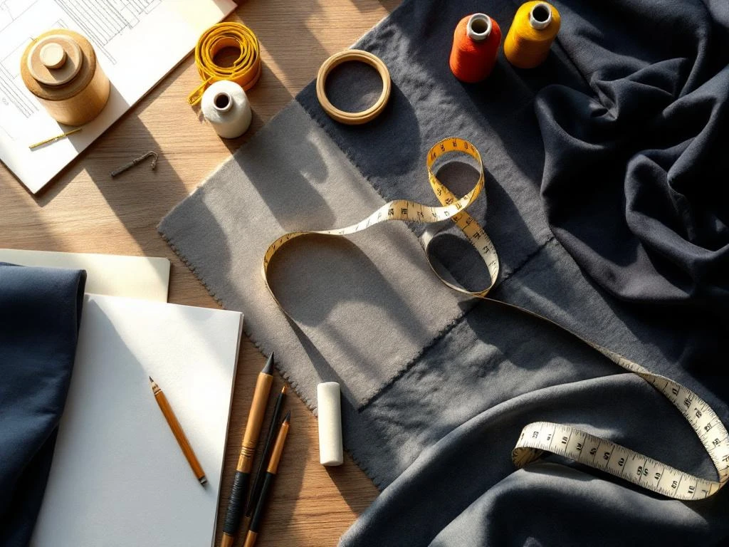 Professionele stoffen in navy, grijs en wit met meetlint en naaigereedschap op werkblad voor zakelijke kleding