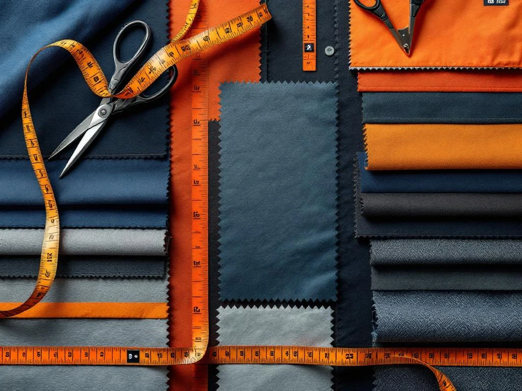 Industriële werkkleding stoffen in navy, oranje en grijs op snijmat met meetlint en schaar