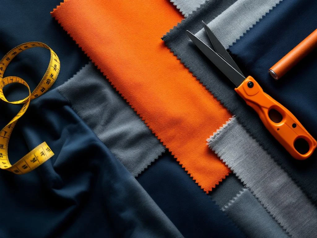 Stoffenstalen in marine, grijs en oranje op werkblad met meetlint en schaar, close-up textielweefsel
