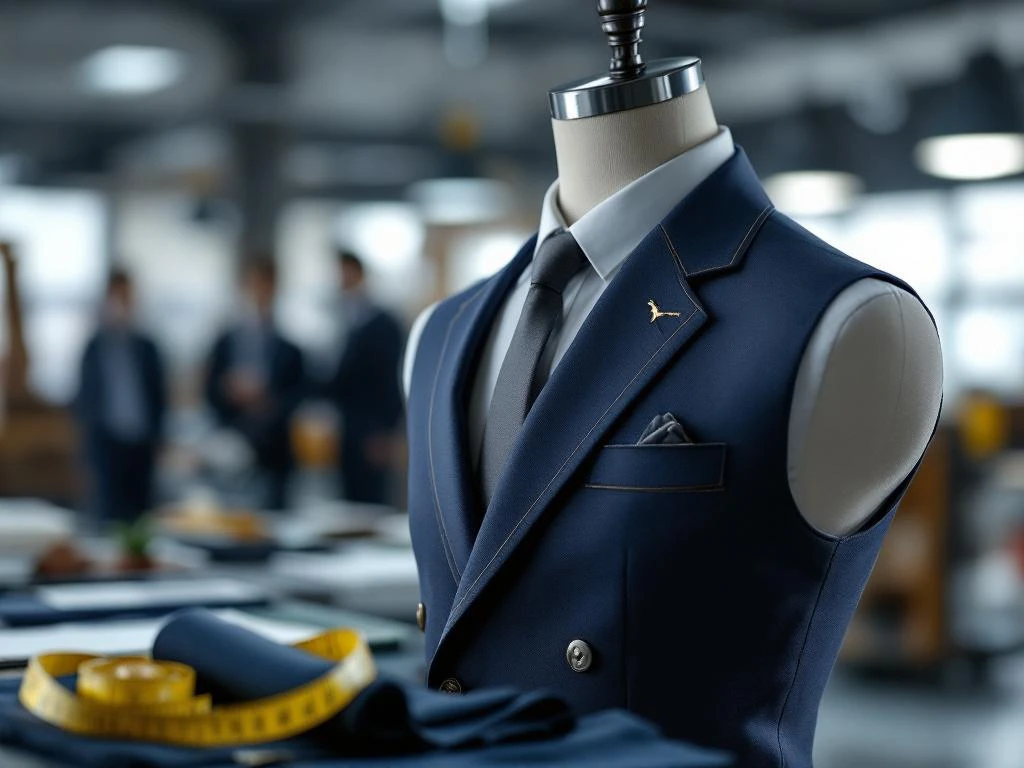 Zakelijk maatpak op mannequin met premium stof, naaddetails en meetlint in moderne werkplaats