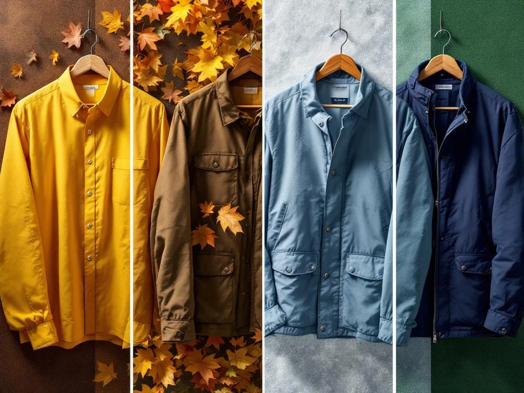 Vier professionele werkjassen op houten hangers gerangschikt van zomer tot lente met seizoensgebonden achtergronden