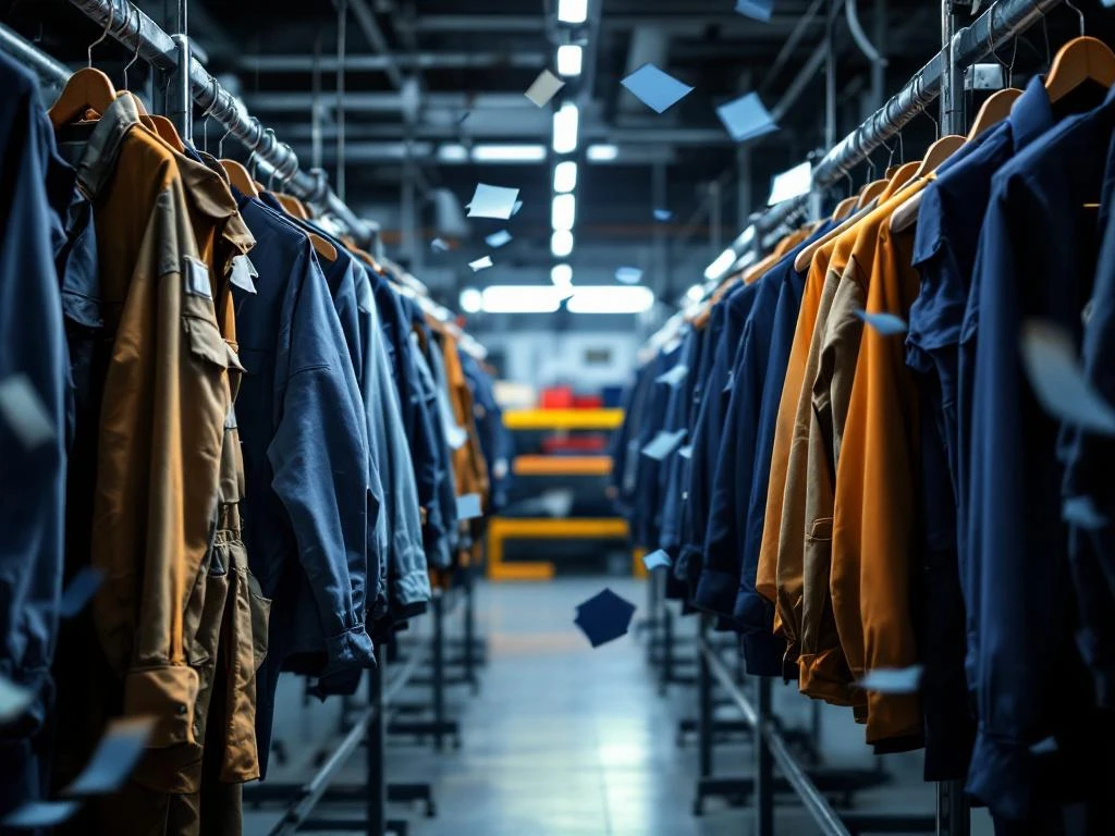 Transformatie van bedrijfskleding: vervaagde oude werkuniformen links, moderne zakelijke kleding in marineblauw rechts