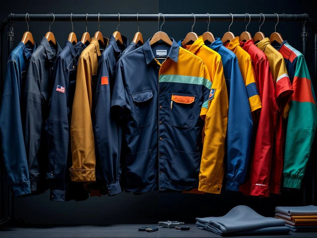 Zakelijke werkkleding op rekken: traditionele donkere uniformen links, kleurrijke moderne ontwerpen rechts met maatwerk details