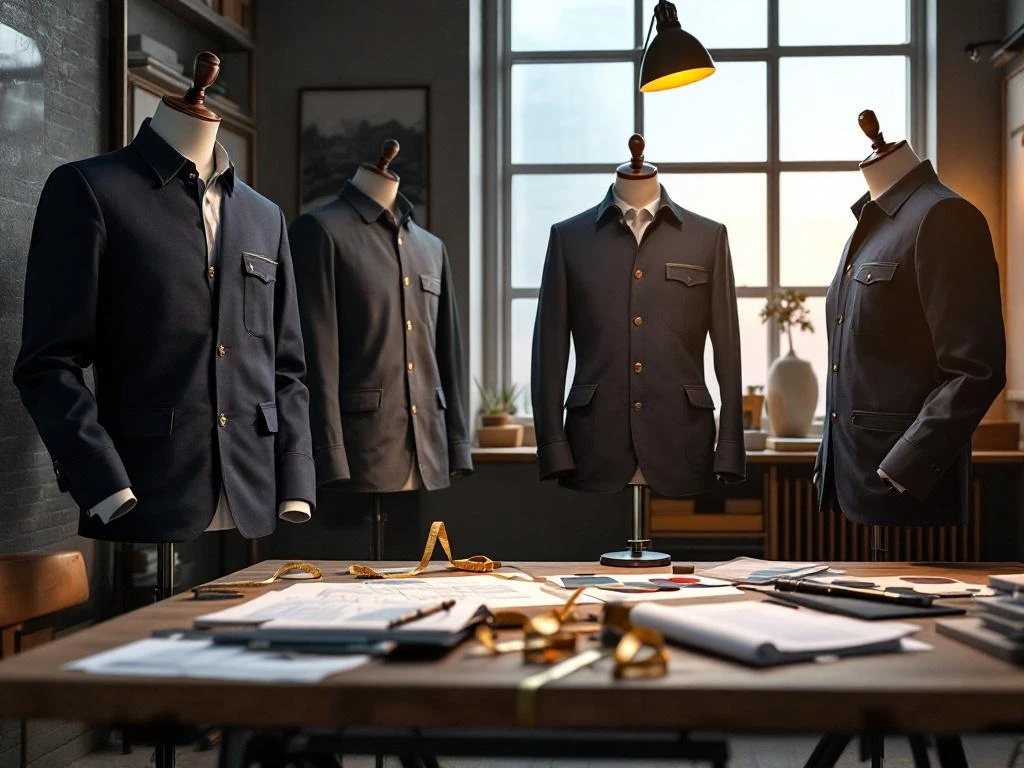 Professionele maatwerk bedrijfskleding op etalagepoppen in moderne ontwerpstudio met kleurstalen en snijgereedschap