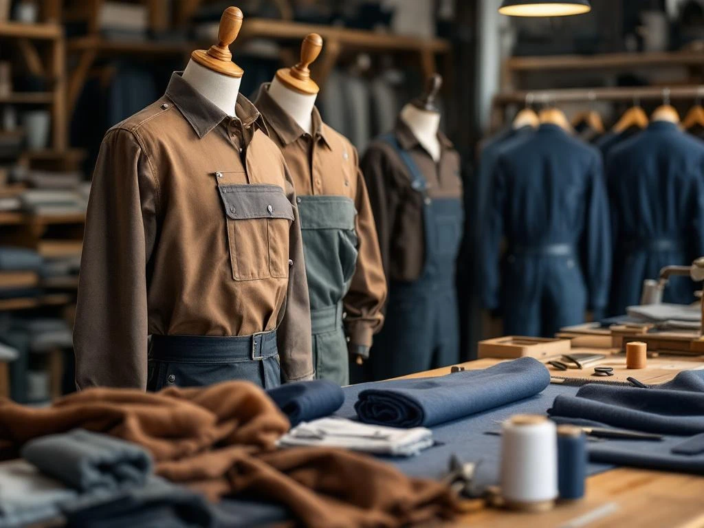 Kleermaker werkplaats met op maat gemaakte werkkleding op houten etalagepoppen, stoffen en precisie gereedschap