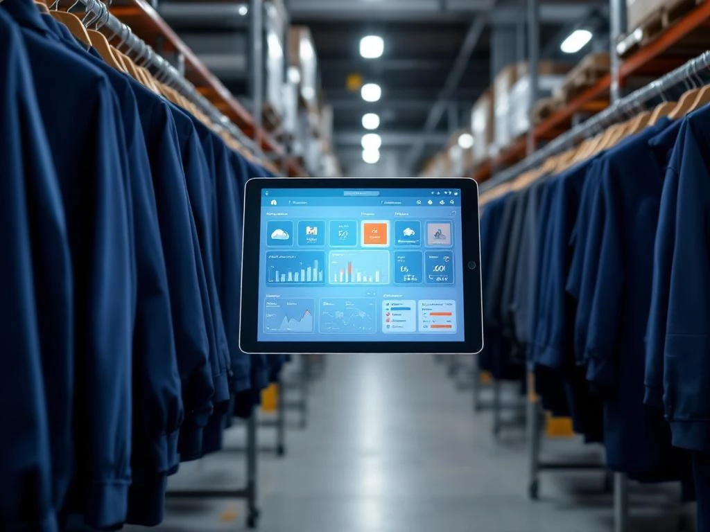 Tablet met digitale kledingbeheer-app tussen professionele werkkleding op rekken in moderne magazijnruimte