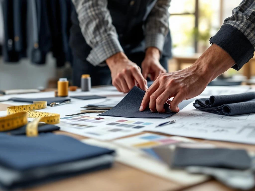 Handen van kleermaker die stoffen en ontwerpen aanpassen op werkplek met marineblauw en grijze bedrijfskleding op achtergrond