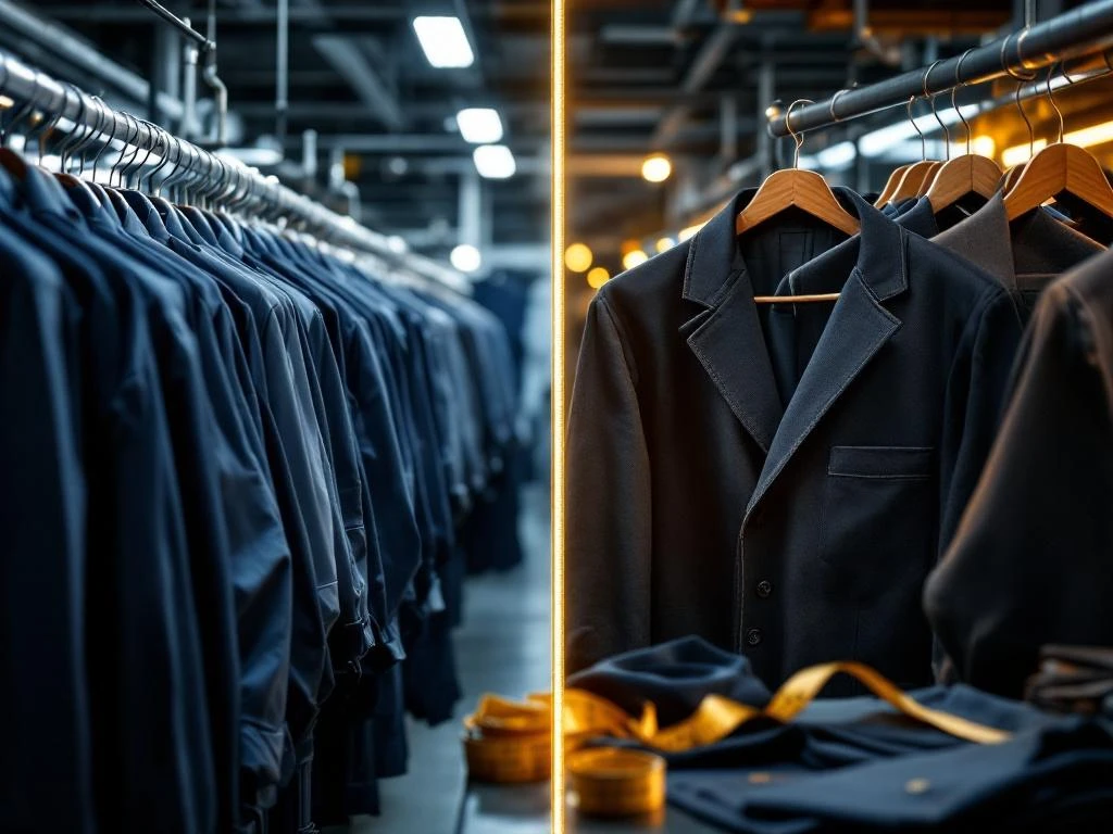 Vergelijking tussen massa-geproduceerde werkkleding links en op maat gemaakte werkkleding rechts met kwaliteitsverschillen