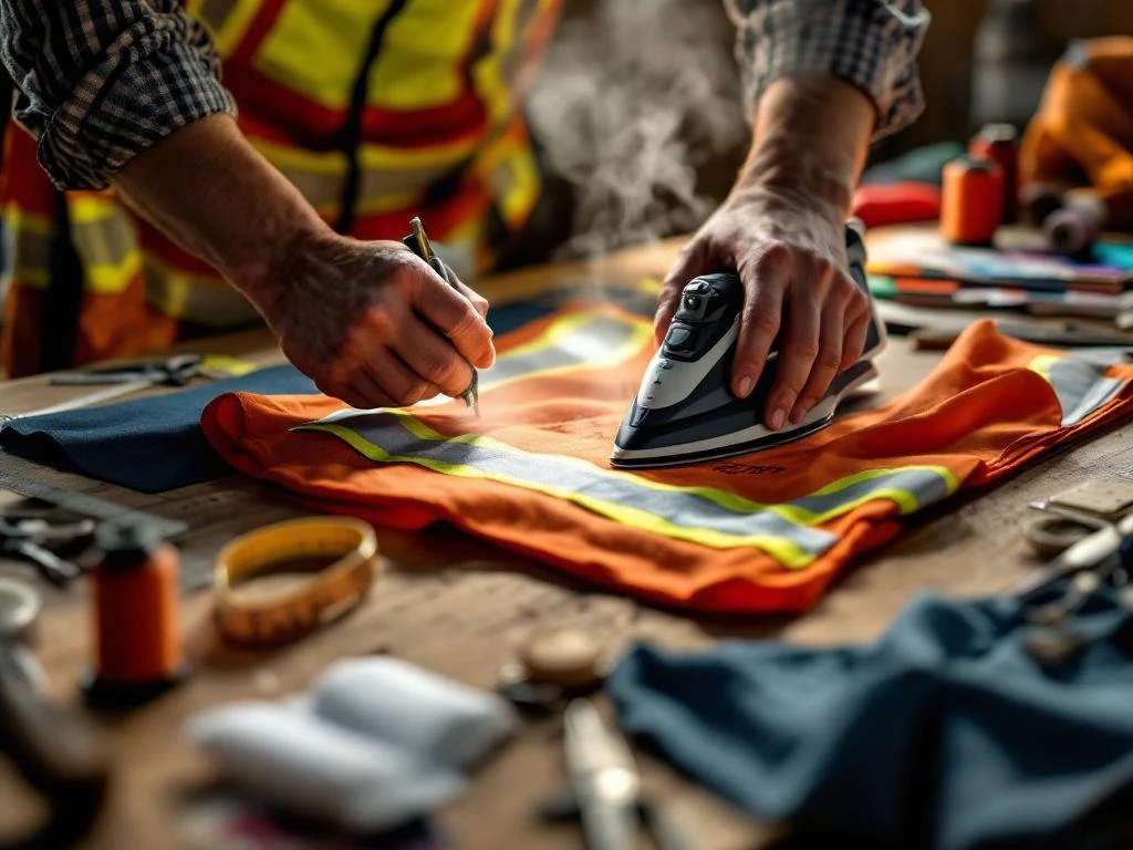 Handen die met professionele gereedschappen een oranje veiligheidsvest aanpassen op houten werkbank met stoom van strijkijzer