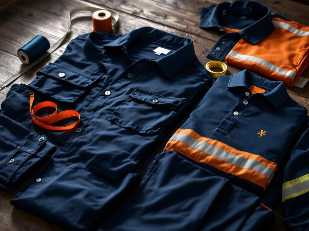 Hoogwaardige werkkleding in navy blauw en oranje gerangschikt op houten oppervlak met meetlint en garens