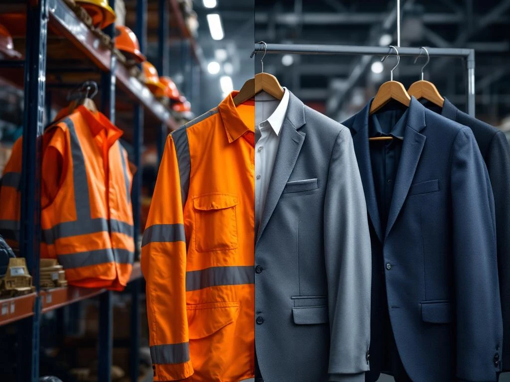 Werkkleding en bedrijfskleding vergeleken: veiligheidsvesten en helmen links, zakelijke blazers en overhemden rechts