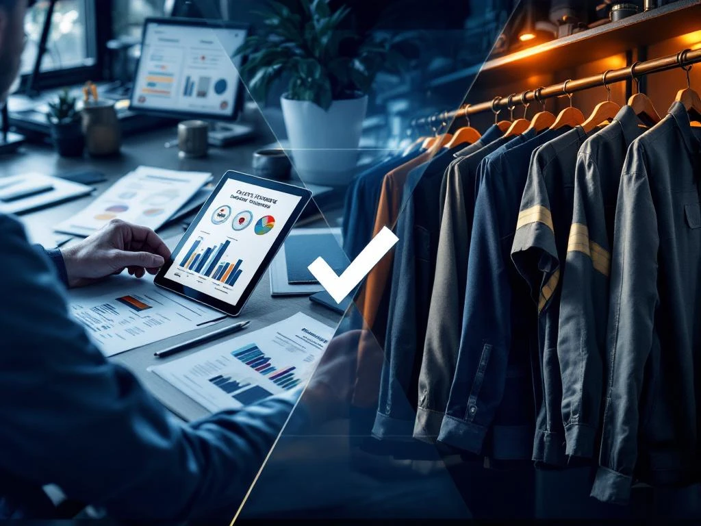 Professionele werkkleding selectie: bureau met stoffenstalen en kwaliteitscertificaten naast hangende werkkleding