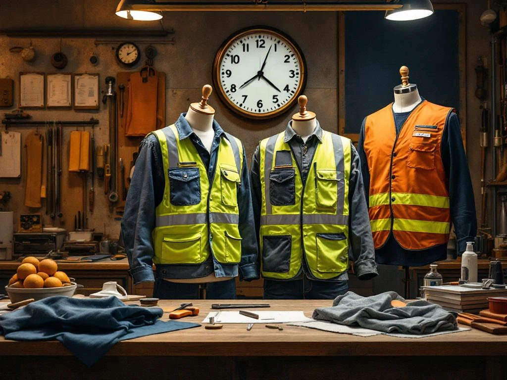 Werkplaats met maatgereedschap, stoffen en uniforms op paspop tijdens productie van bedrijfskleding en werkkleding