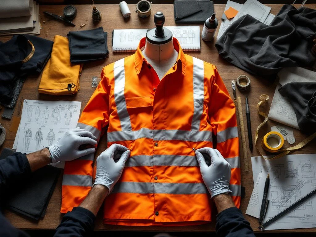 Ontwerper die hi-vis veiligheidsstof vastspeldt op paspop in werkplek met stofstalen en technische tekeningen