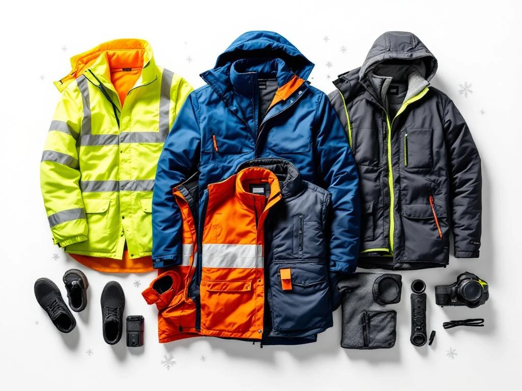 Werkkleding voor alle seizoenen: zomer hi-vis vesten in geel/oranje, winter jassen in blauw/grijs, laagjeskleding