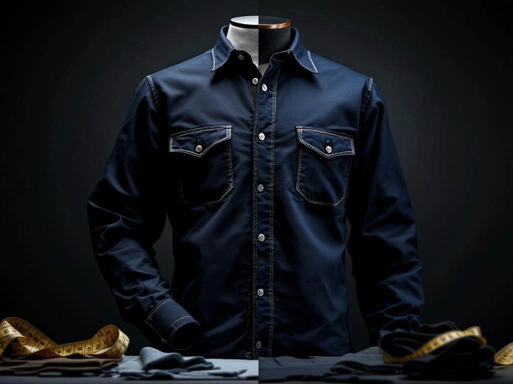 Vergelijking van op maat gemaakte werkjas met perfecte pasvorm versus standaard werkshirt met slechte kwaliteit