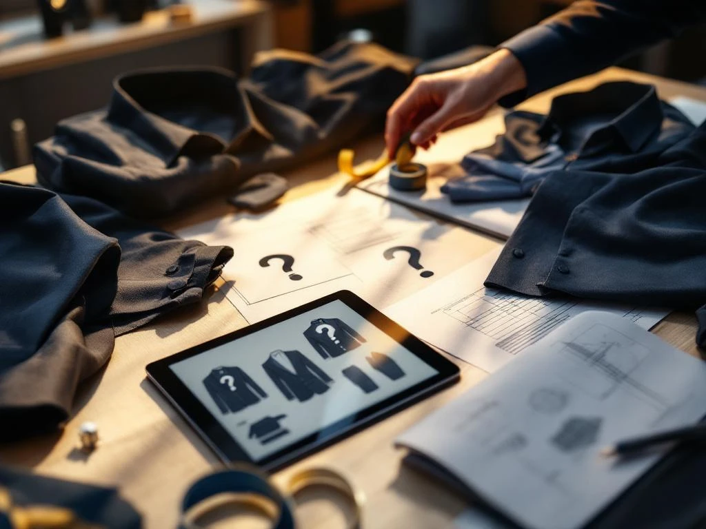 Professionele zakelijke kleding in marineblauw en antraciet op ontwerpbureau met tablet en stoffen