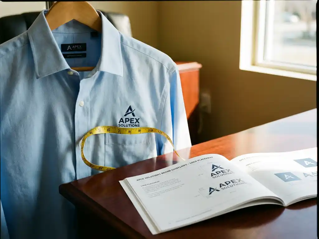 Professioneel bedrijfsoverhemd op houten hanger met geborduurd bedrijfslogo op borstzak en maatband voor plaatsing