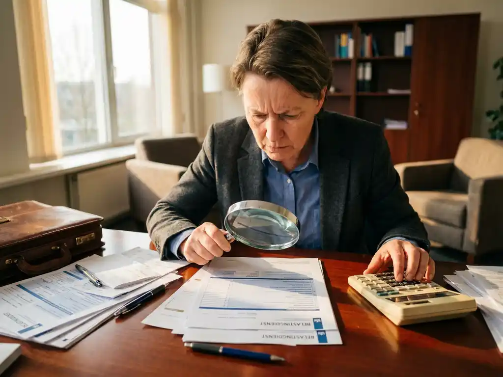 Professionele zakenpersoon bekijkt Nederlandse belastingformulieren met calculator op mahonie bureau