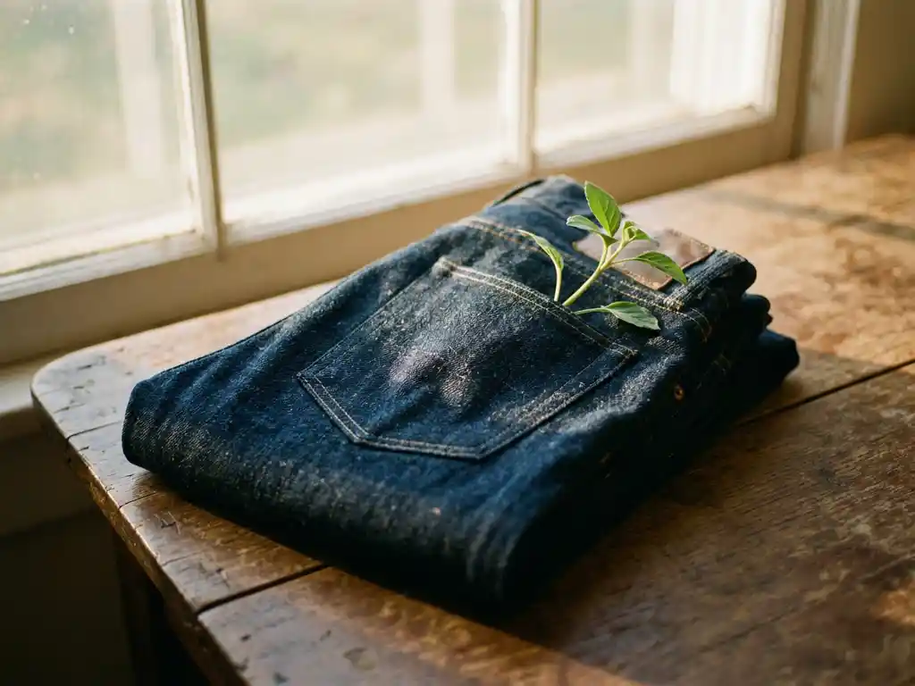 Donkere biologische katoenen spijkerbroek op houten tafel met groen plantje in achterzak, natuurlijk zonlicht