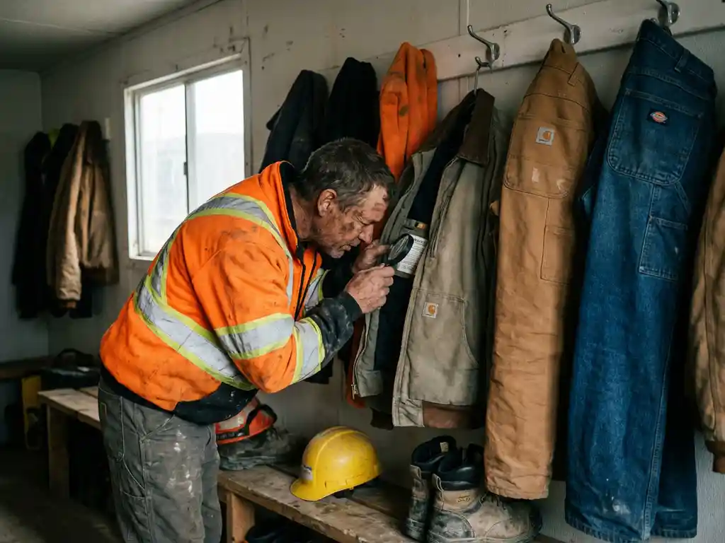 Bouwvakker in oranje werkkleding bekijkt merklabels op werkjassen in bouwkeet, helm en laarzen op houten bank