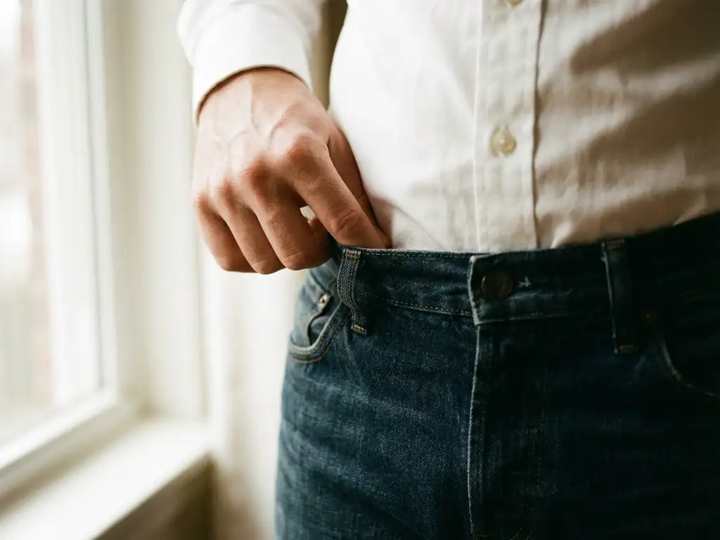 Persoon demonstreert twee-vinger regel voor broekpasvorm met donkere spijkerbroek en wit overhemd