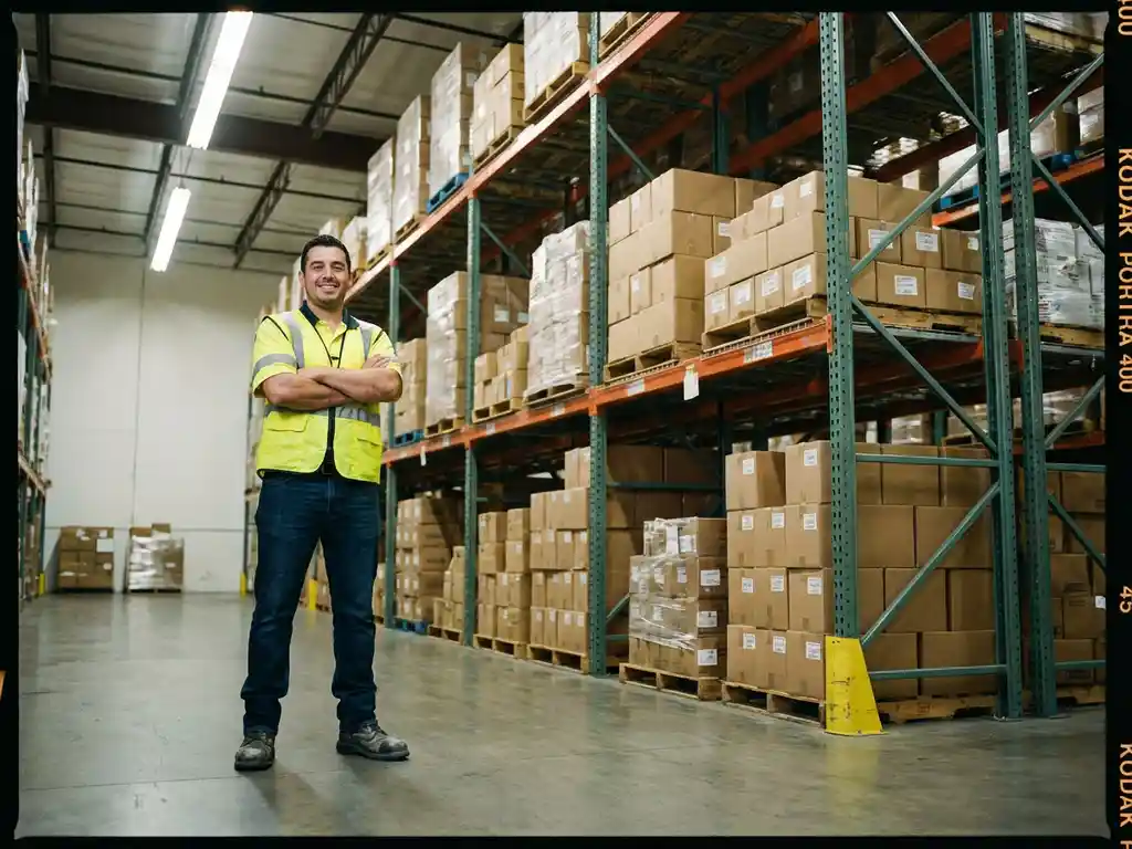 Magazijnmedewerker in veiligheidsvest staat tussen hoge metalen stellingen met kartonnen dozen in industrieel pakhuis